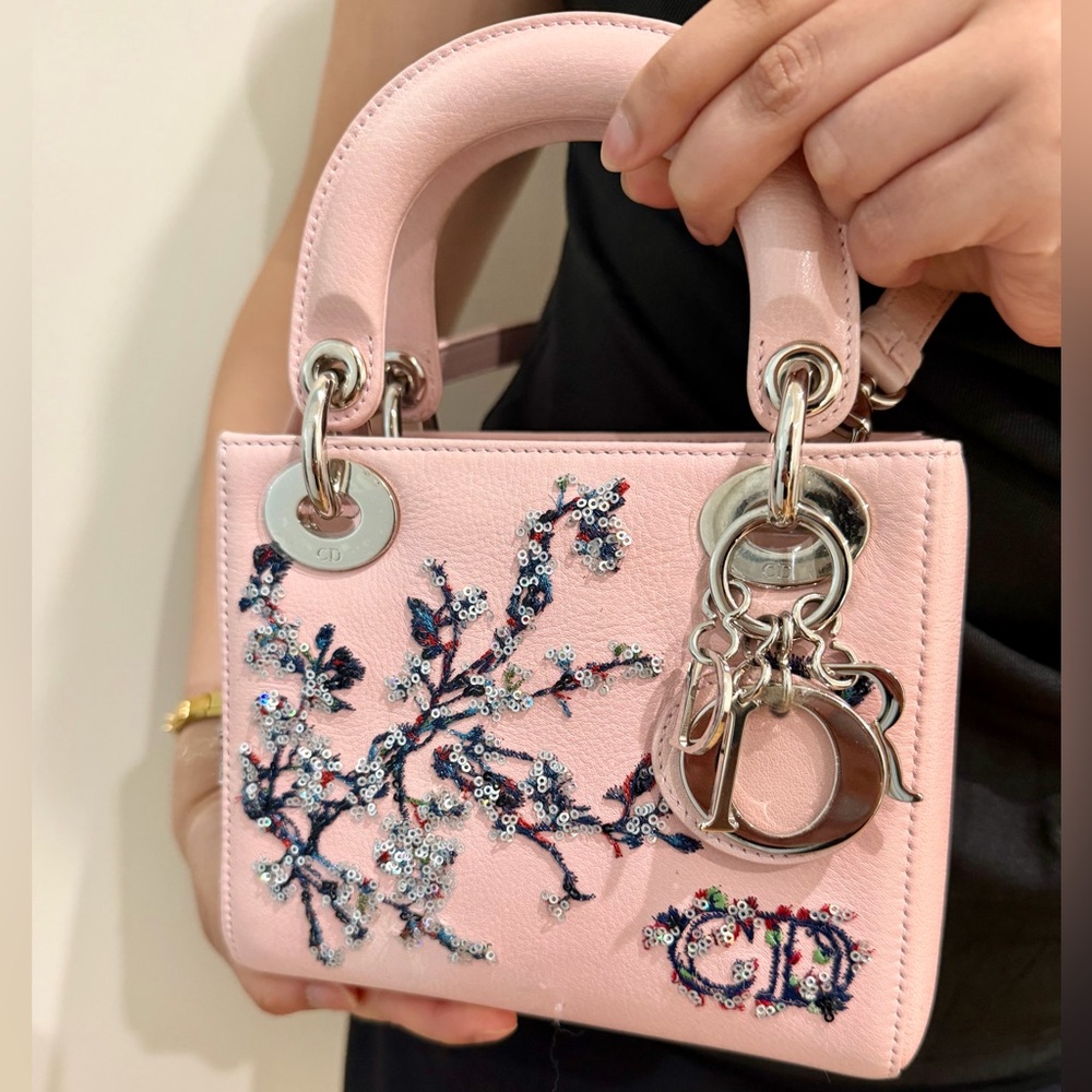 Lady Dior Tote Bag Pink Embroidered Beaded Floral Crossbody Christian Dior